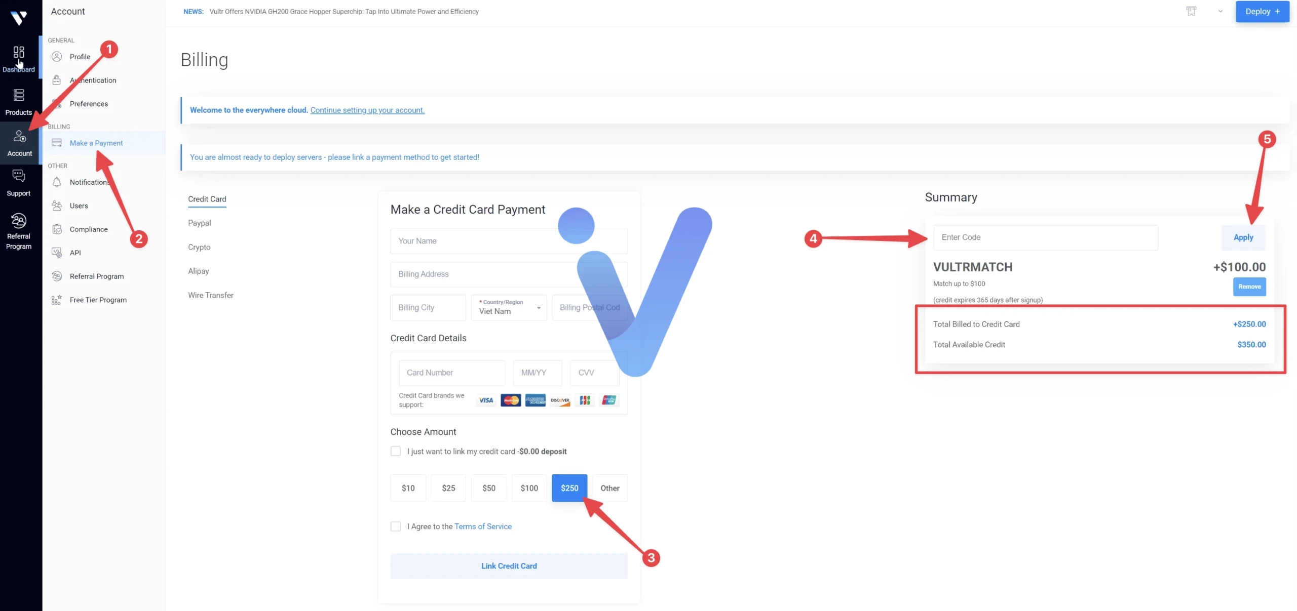 sign up vultr account